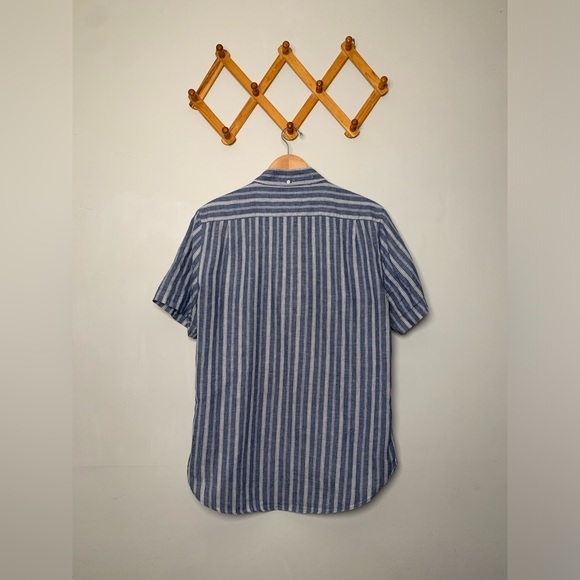 Men’s Blue Striped Cotton Linen Blend Short Sleeved Buttoned Down Shirt SZ M - Picture 2 of 4